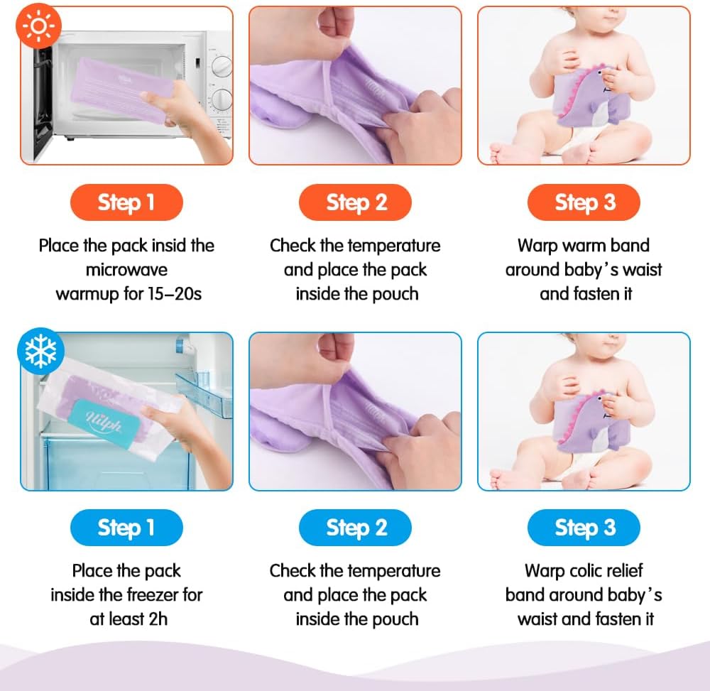 Hilph Baby Colic, Gas and Upset Stomach Relief, Heated Warmer Tummy Wrap with 2 Gel Packs for Newborns and Infants, Baby Heating Pad Swaddling Belt Natural Relief (Purple Dinosaur) - Image 6